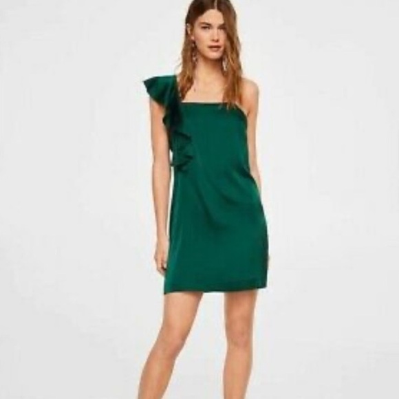 MNG Mango Slip Dress Hunter Green Size Small Ruffle Shoulder Satin Effect Mini - Picture 1 of 10